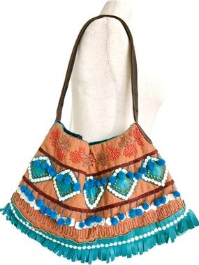 Jamin Puech Boho Shoulder Bag in Orange and Blue Beaded & Embroidered